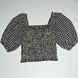 Lou & Grey Black & White Plaid Top - Puffy Sleeves Off-Shoulder Crop Top - Sz M